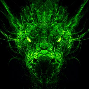 May include: A digital art image of a green dragon's head against a black background. The dragon's scales and features are intricately detailed, with glowing green eyes and a fierce expression. The artwork has a fantasy theme.