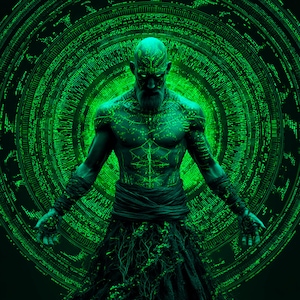 Puede incluir: Obra de arte digital que presenta una figura calva y musculosa con una larga barba, piel verde brillante y patrones de circuitos intrincados. La figura se encuentra sobre un fondo circular de código binario verde, creando un tema futurista y tecnológico.