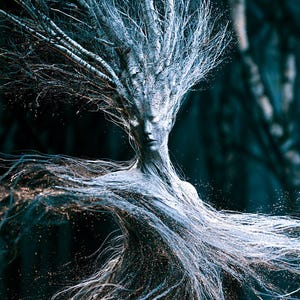 May include: A humanoid figure composed of white birch bark and tangled tree branches, featuring glowing white eyes and a textured, wood-like surface. The form appears to be dissolving into fine, wispy strands of white fibers against a dark background.