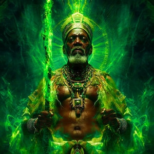 Peut inclure: Œuvre d'art numérique d'une figure royale ornée d'or et de vert, tenant un bâton lumineux. La personne porte une couronne et des bijoux complexes, rayonnant d'une aura verte vibrante. L'image a un thème mystique et spirituel.