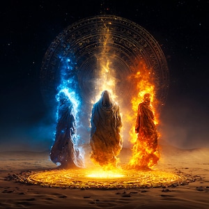Puede incluir: Arte digital que representa tres figuras vestidas con túnicas, cada una envuelta en energía vibrante. Una brilla en azul, otra en dorado y la tercera en naranja, frente a un telón de fondo celestial. Un diseño circular dorado enmarca la escena, ambientada en un paisaje desértico.