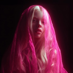 Peut inclure: Portrait d'une personne aux longs cheveux blonds platine ondulés, partiellement recouverts d'un tissu rose vif et transparent. Le fond est noir, créant un contraste saisissant avec les couleurs vives.