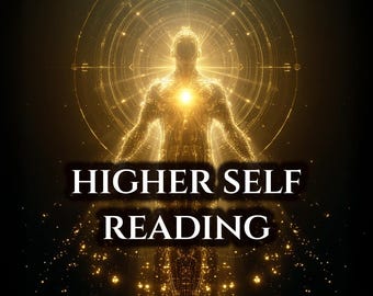 May include: Digital art featuring a golden figure with outstretched arms, radiating light from the chest. The figure is surrounded by concentric circles and sparkling particles. The text "HIGHER SELF READING" is displayed in a bold font.