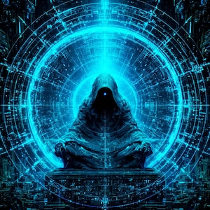 May include: Digital art depicting a hooded figure in a meditative pose, radiating a bright blue glow. The figure is centered within a complex network of concentric circles and lines, suggesting a technological or futuristic theme. The overall color palette is dominated by shades of blue and black.
