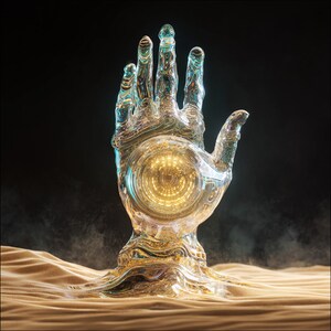 May include: A translucent, glass-like hand sculpture with intricate internal details and a glowing center. The sculpture is set against a dark background and appears to emerge from a sandy surface, creating a surreal and artistic effect.