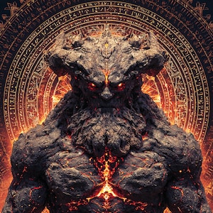 May include: A digital artwork depicting a demonic figure with a stone-like texture and fiery red eyes. The creature has a beard and horns, with glowing lava-like patterns across its chest. A circular pattern with ancient symbols forms a backdrop.