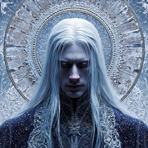 May include: A digital art portrait of a person with long, flowing white hair and pale skin. The person is wearing a dark blue garment with ornate silver detailing. A detailed silver halo is behind the person's head, and the eyes are white.