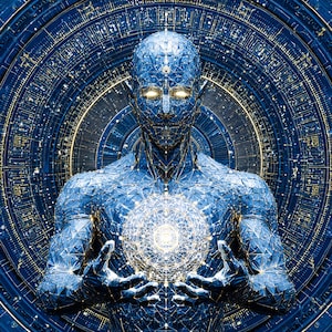 May include: A digital art piece depicting a humanoid figure with a geometric design, rendered in shades of blue. The figure holds a glowing orb, with a complex circular pattern in the background. The eyes of the figure are glowing.
