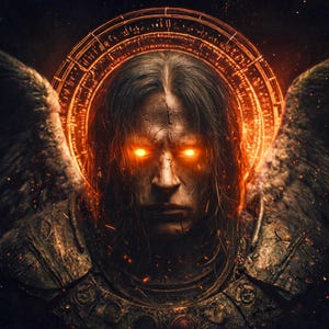 Peut inclure: Illustration numérique d'une figure aux yeux orange lumineux et un halo. La figure a de longs cheveux gris et des ailes de plumes. L'image a une esthétique sombre et dramatique, avec l'accent sur le visage et le haut du corps. La figure porte une armure.