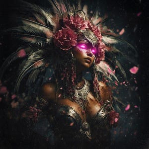May include: A digital art piece of a woman adorned in elaborate tribal attire. She wears a headdress of pink flowers and feathers, with glowing pink eyes. Intricate metalwork decorates her chest and shoulders, with pink petals floating around her.