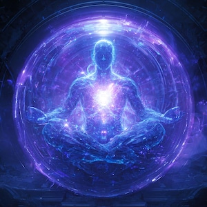 Könnte beinhalten: Digitale Kunst eines meditierenden Menschen in einem leuchtenden, kugelförmigen Energiefeld. Die Figur befindet sich in der Lotusposition und strahlt Licht aus der Brust aus. Die Farbpalette ist überwiegend blau und lila, mit einem kosmischen, ätherischen Thema.
