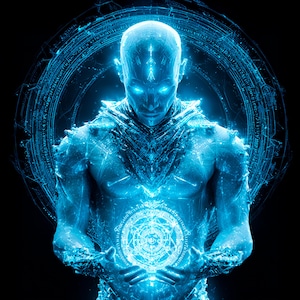 May include: A digital artwork depicts a glowing blue humanoid figure against a black background. The figure holds a glowing orb with intricate symbols. A circular energy field surrounds the figure, enhancing the mystical theme.
