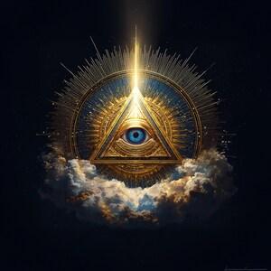 Peut inclure: Une pyramide dor&eacute;e avec un &oelig;il bleu au centre, entour&eacute;e d'un motif de rayons de soleil dor&eacute;s et d'un anneau bleu. La pyramide flotte au-dessus de nuages moelleux sur un fond bleu fonc&eacute;. Une lumi&egrave;re vive &eacute;mane du sommet.