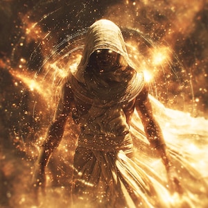 Puede incluir: Una figura con una túnica con capucha, irradiando luz dorada, se encuentra en una escena cósmica. La persona está envuelta en tela fluida, con ojos brillantes y un efecto de halo. La imagen evoca una sensación de misterio y poder celestial.