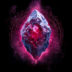 Puede incluir: Un gran cristal rojo facetado con bordes azul-gris, sobre un fondo negro. Un círculo rosa brillante con escritura rodea el cristal, con humo rosa y una sola gota de líquido debajo.