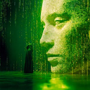 May include: A digital art piece featuring a large, pixelated face in shades of green. A figure in a dark hooded cloak stands before the face. Green light and falling pixel streams create a futuristic, abstract scene.