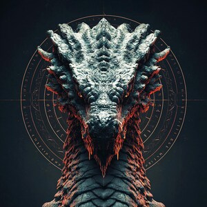 May include: A detailed illustration of a dragon's head, rendered in shades of gray and black, with fiery red accents around the eyes and along the edges of the scales. A golden circular design with symbols is behind the dragon's head.
