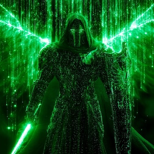 May include: A hooded figure in dark armor stands amidst a cascade of vertical green light particles. The figure wears a mask with glowing green eyes, holds a bright green glowing sword in one hand, and carries a large, ornate shield in the other.