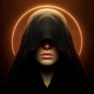 May include: A portrait of a person wearing a black hood, with only the lower face visible. A glowing orange halo encircles the head, set against a dark brown background. The person's lips are a natural pink.