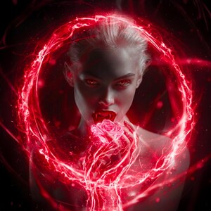 May include: Digital artwork of a woman with pale skin, red eyes, and fangs, holding a glowing pink rose. A vibrant red energy field surrounds her, creating a dramatic and mystical effect. The image evokes a fantasy and supernatural theme.