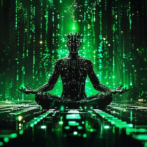 May include: A digital art piece depicts a figure in a meditative pose, composed of glowing green lines and dots. The figure is set against a backdrop of falling green code, with a triangle above the head. The overall theme is technology and meditation.
