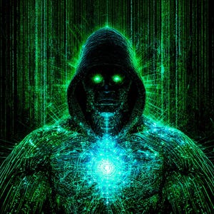 May include: A hooded figure with glowing green eyes and a bright cyan circular light on the chest, set against a background of cascading vertical green digital code. The figure has a textured, dark, and intricate appearance with light rays.