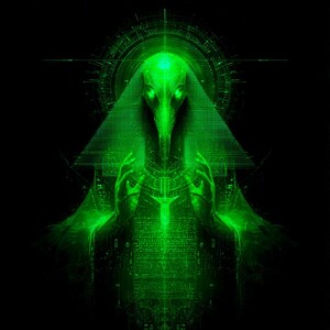 Puede incluir: Arte digital de una figura con cabeza de pájaro verde sobre fondo negro. La imagen presenta formas geométricas y una estructura piramidal sobre la cabeza. El tema es futurista y misterioso.