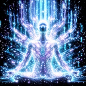 May include: Digital art of a figure in a meditative pose, radiating energy. The figure is depicted in shades of blue and purple, with streams of light emanating from the head and body, set against a dark background.
