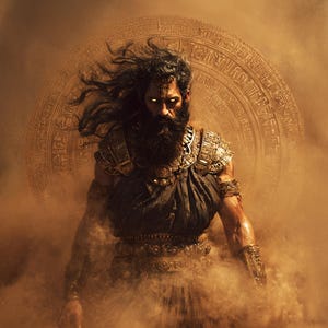 May include: A digital illustration of a bearded figure with long, dark hair and glowing eyes, wearing ornate gold armor and a dark tunic. The background features a circular design with ancient script, and the scene is enveloped in a hazy, golden atmosphere.