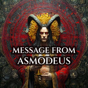Può includere: Opera d'arte digitale raffigurante una figura cornuta con lunghi capelli scuri e occhi rossi, che tiene in mano un calice d'oro. Il testo "MESSAGE FROM ASMODEUS" è visualizzato in grassetto. Lo sfondo include un design circolare rosso e oro.