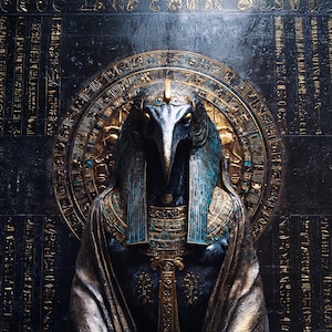 Puede incluir: Una detallada representación de una deidad egipcia con cabeza de ave, adornada con detalles dorados y turquesas. La figura se alza sobre un fondo oscuro y texturizado con jeroglíficos y un halo dorado. La obra evoca una sensación de misticismo y grandeza antiguos.