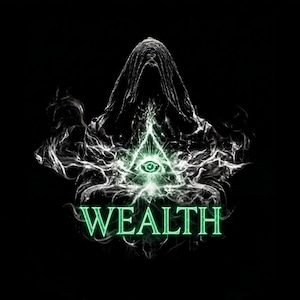 Può includere: Un design grafico che mostra la sagoma di una figura incappucciata circondata da fumo bianco vorticoso. Al centro, un occhio verde brillante è racchiuso in un triangolo. La parola WEALTH è stampata in lettere maiuscole verde brillante.