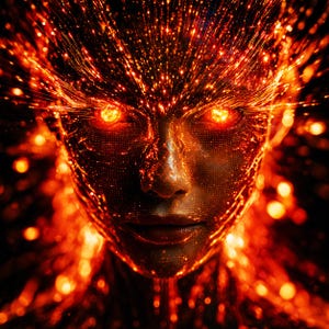 Può includere: Opera d'arte digitale di un volto umano composto da particelle arancioni e rosse infuocate. Gli occhi brillano di luce intensa, creando un ritratto futuristico ed etereo su sfondo scuro.