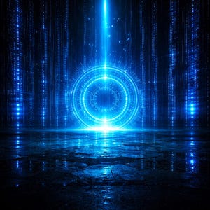 Könnte beinhalten: Abstrakte digitale Kunst mit futuristischem Thema. Ein hellblau leuchtender Kreis befindet sich in der Mitte, mit konzentrischen Ringen und einem Lichtstrahl von oben. Vertikale Lichtlinien erzeugen einen Matrixeffekt, der sich auf einer dunklen, nassen Oberfläche spiegelt.
