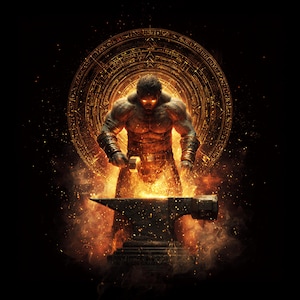May include: A digital illustration of a muscular figure, illuminated by fiery light, hammering on an anvil. The figure is set against a dark background with a glowing circular design. The overall theme suggests strength and craftsmanship.