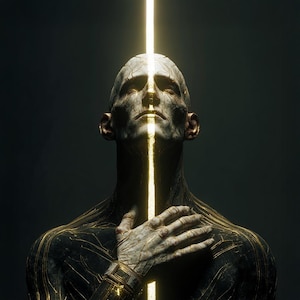 May include: A digital artwork depicts a human figure with a cracked, stone-like texture. A bright, vertical golden light beam bisects the figure, highlighting the face and chest. The figure's arm is across the chest.