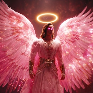 Peut inclure: Une figure angélique avec de grandes ailes roses et emplumées et un halo doré. La figure porte une robe blanche avec des accents dorés et a des yeux roses brillants. Le fond est une teinte rougeâtre foncée avec des effets scintillants.