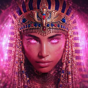 May include: A digital artwork depicting a woman adorned in an elaborate gold headdress and jewelry, reminiscent of ancient Egyptian royalty. Her eyes glow with a vibrant pink hue, and the overall color palette is dominated by shades of gold, purple, and pink.