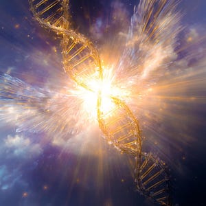 Peut inclure: Illustration numérique d'une double hélice d'ADN dorée, rayonnant de lumière depuis son centre. L'arrière-plan présente une scène céleste avec des nuances de bleu, de violet et d'orange, créant une sensation d'énergie et de découverte scientifique.