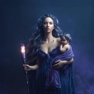 Könnte beinhalten: Eine Frau in einem dunkelblauen Kleid hält ein Baby, das in violetten Stoff gewickelt ist. Die Frau hat langes, welliges blaues Haar und eine silberne Halskette. Sie hält eine brennende Fackel. Der Hintergrund ist dunkelblau mit einem dunstigen Effekt.