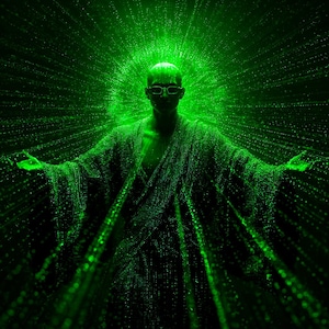 Puede incluir: Obra de arte digital que presenta a una persona con gafas y la cabeza calva, irradiando luz verde. La persona lleva una túnica oscura, con luz verde que emana de la cabeza y se extiende hacia afuera. El fondo es oscuro, con líneas verdes.