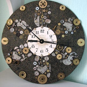 May include: A round clock with a black, textured background, adorned with various gears and clock parts. The clock face is white with black numerals and hands. The clock's design incorporates a steampunk aesthetic.