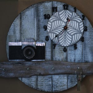 Wall clock with a hanger for keys &quot;Photographer&quot;. Handmade clock. unusual wall clock