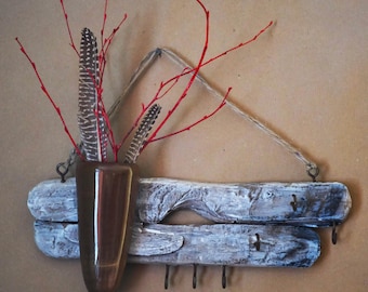 Driftwood Key Holder with Vase: Reclaimed Wood Wall Decor