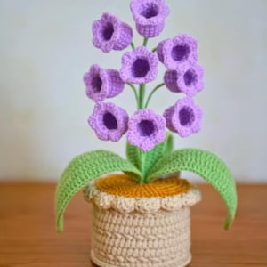 Crocheted Lily of the Valley Lamp, Handmade Wool Flower Nightlight, 9 LED Glow Pot