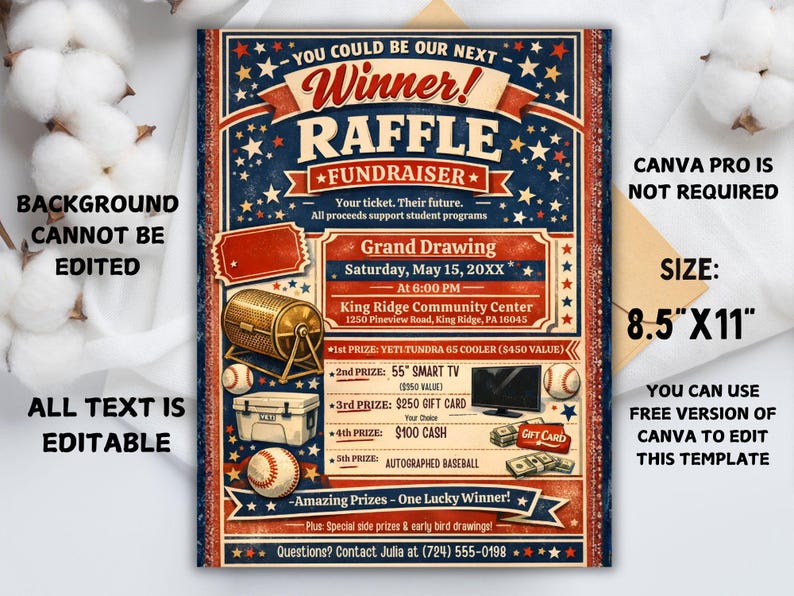 Sports Raffel Editable Raffle Fundraiser Flyer, Sports, School, Charity Template (8 ...