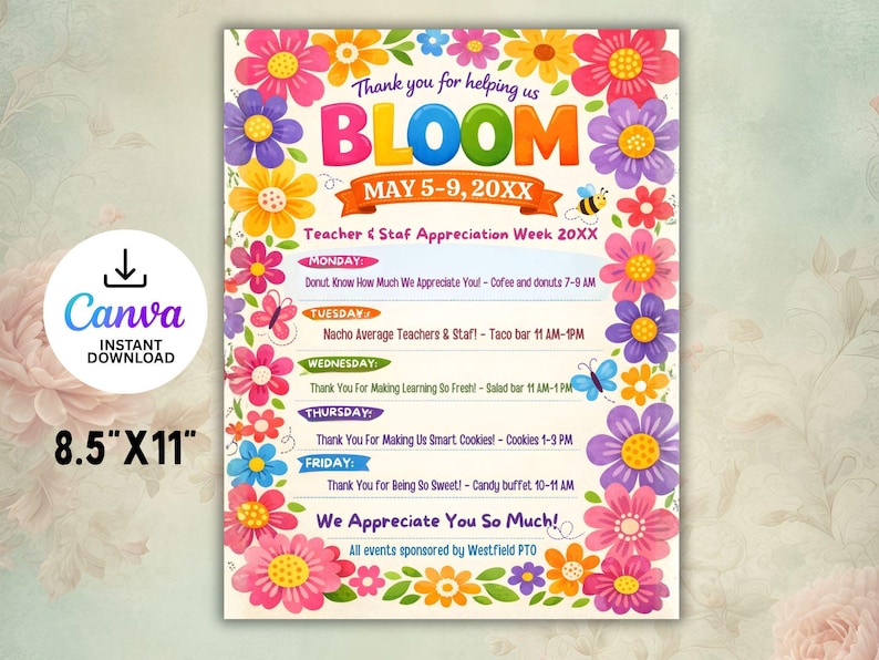 Editable Bloom Theme Teacher & Staff Appreciation Week Flower Itinerary ...
