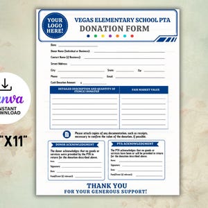 Può includere: Un modulo di donazione stampabile per la PTA della Vegas Elementary School, con campi per le informazioni sul donatore, i dettagli della donazione e gli attestati. Il modulo misura 21,6 cm x 27,9 cm e include un download istantaneo Canva.