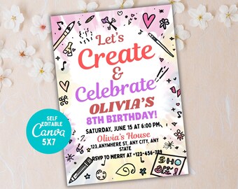 Editable Art Birthday Party Invitation, Tie Dye Arts and Crafts Painting Party Invite, Let's Paint & Celebrate, Canva Template