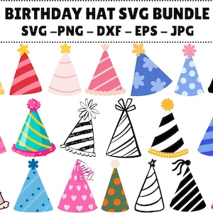 May include: A collection of colorful birthday party hats in various designs. The hats include polka dots, stripes, and floral patterns, with text at the top that reads "BIRTHDAY HAT SVG BUNDLE SVG - PNG - DXF - EPS - JPG".